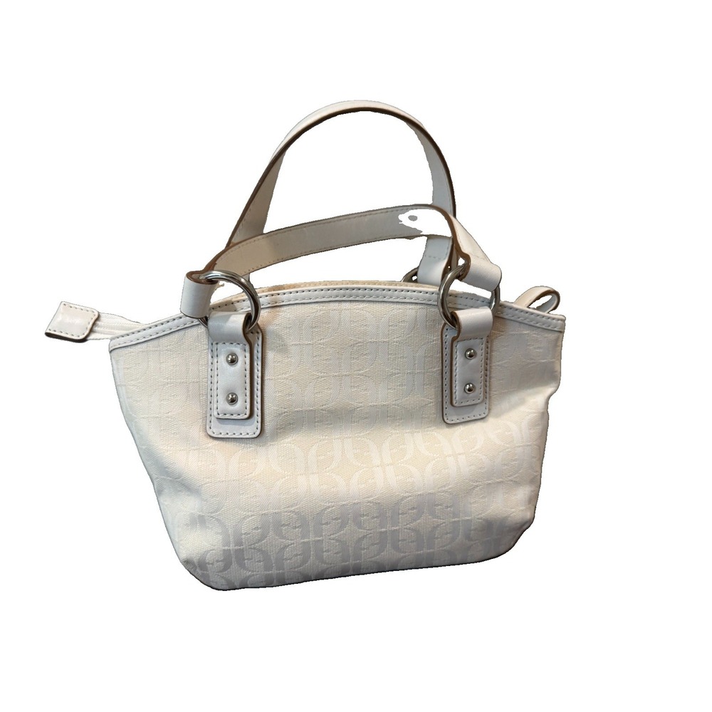 Fossil Monogram Canvas Satchel Bag Purse Vintage Y2K Cream White Leather